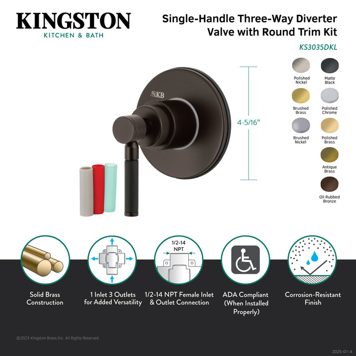 Kingston Sona KS3037DKL - Kaiser Single-Handle Three-Way Diverter Valve with Round Trim Kit, Brushed Brass