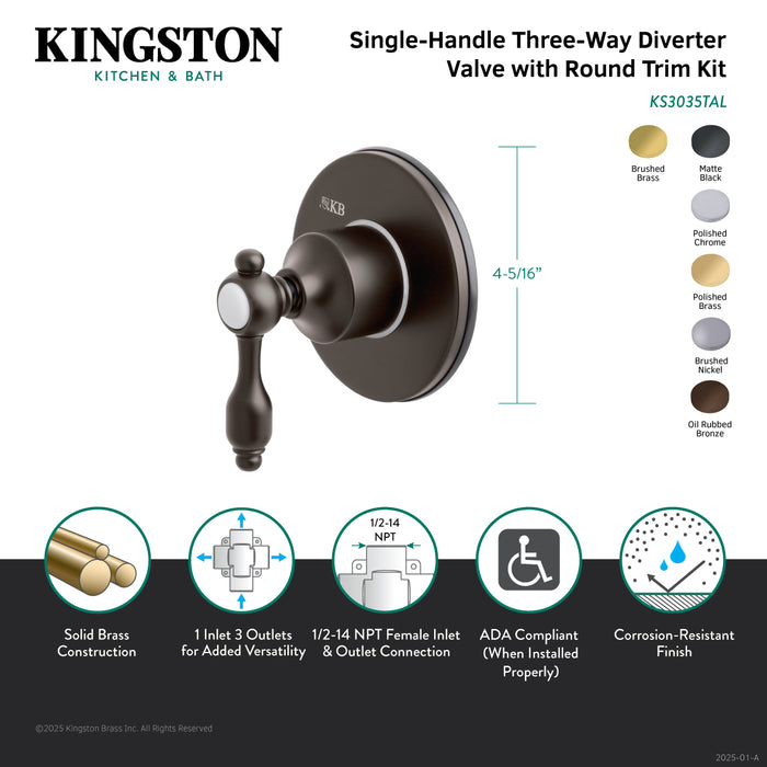 Kingston Heirloom KS3037TAL - Tudor Single-Handle Three-Way Diverter Valve with Round Trim Kit, Brushed Brass