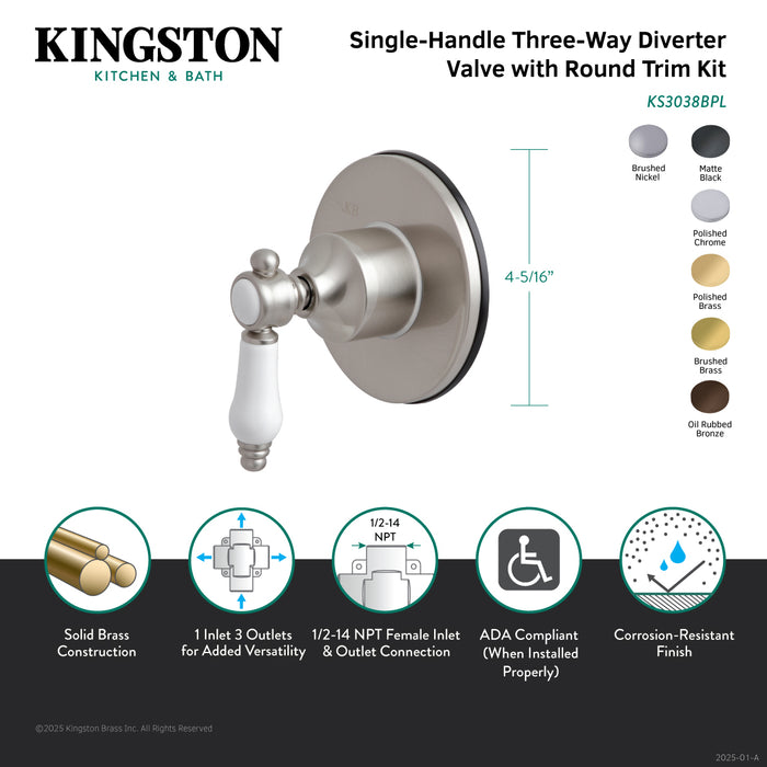 Kingston Heirloom KS3038BPL - Bel-Air Single-Handle Three-Way Diverter Valve with Round Trim Kit, Brushed Nickel