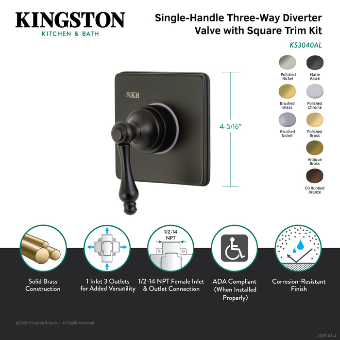 Kingston Heirloom KS3041AL - Restoration Single-Handle Three-Way Diverter Valve with Square Trim Kit, Polished Chrome