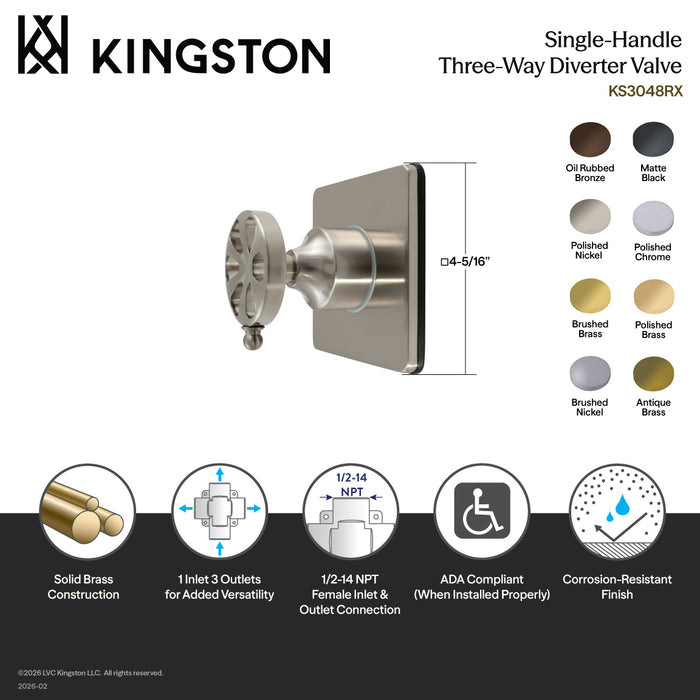 Kingston Sona KS3041RX - Belknap Single-Handle Three-Way Diverter Valve with Square Trim Kit, Polished Chrome