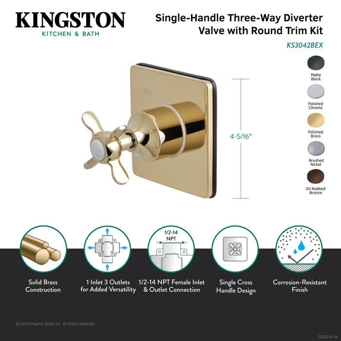 Kingston Tulare KS3042BEX - Essex Single-Handle Three-Way Diverter Valve with Square Trim Kit, Polished Brass
