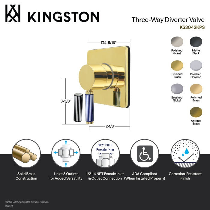 Kingston Sona KS3043KPS - Verona Single-Handle Three-Way Diverter Valve with Square Trim Kit, Antique Brass
