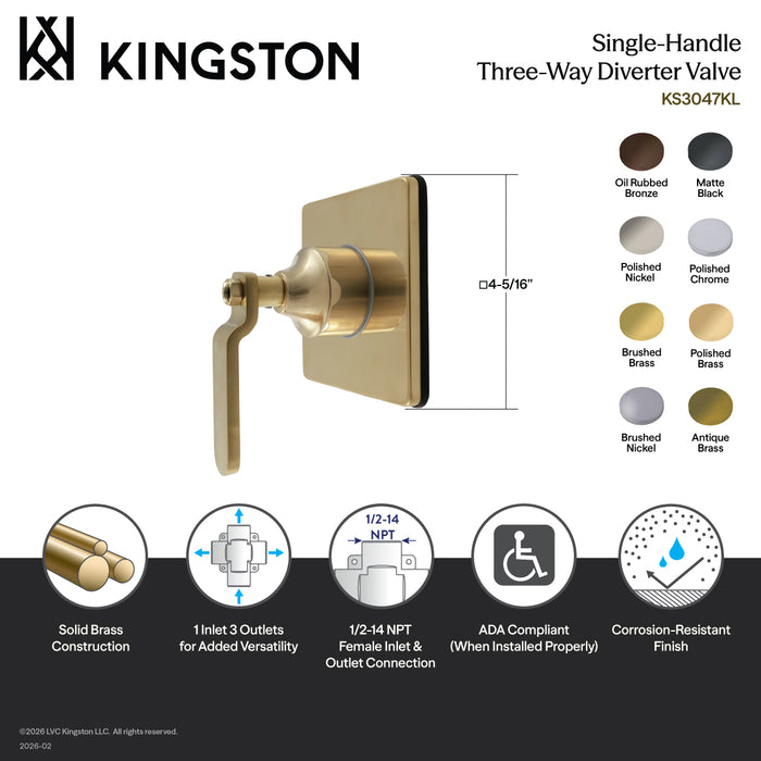 Kingston Sona KS3046KL - Whitaker Single-Handle Three-Way Diverter Valve with Square Trim Kit, Polished Nickel