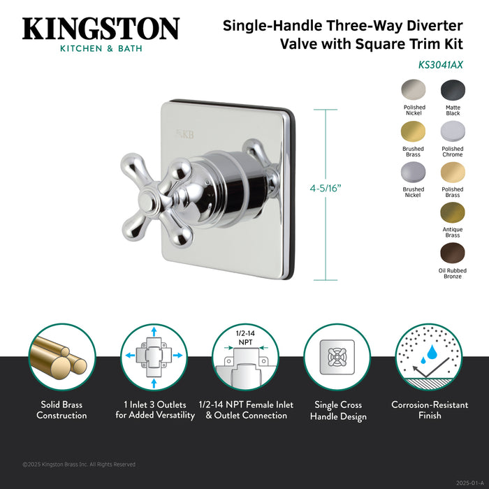 Kingston Heirloom KS3047AX - Restoration Single-Handle Three-Way Diverter Valve with Square Trim Kit, Brushed Brass