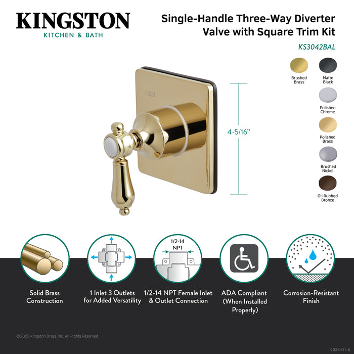 Kingston Heirloom KS3047BAL - Heirloom Single-Handle Three-Way Diverter Valve with Square Trim Kit, Brushed Brass