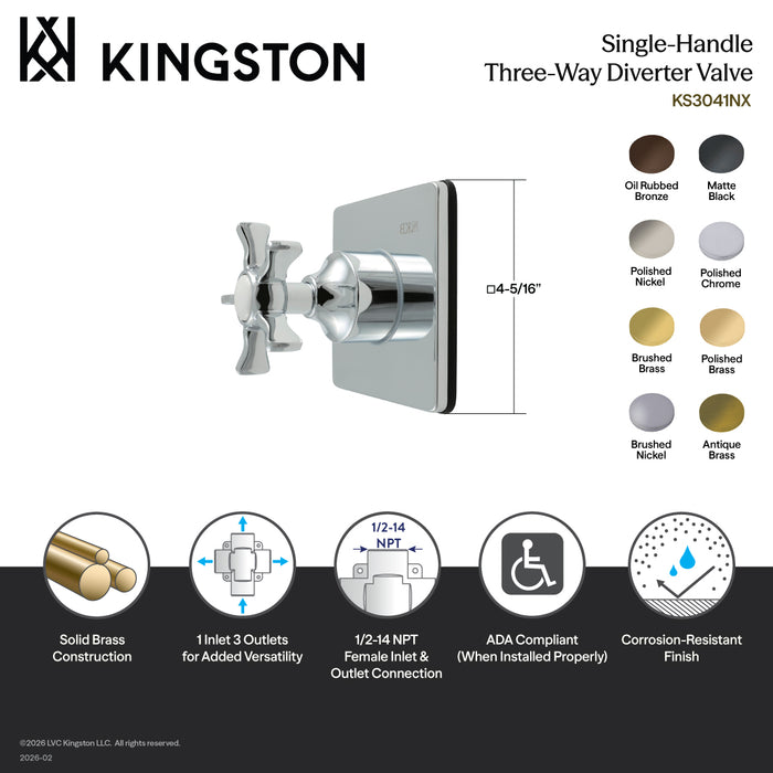 Kingston Tulare KS3047NX - Hamilton Single-Handle Three-Way Diverter Valve with Square Trim Kit, Brushed Brass