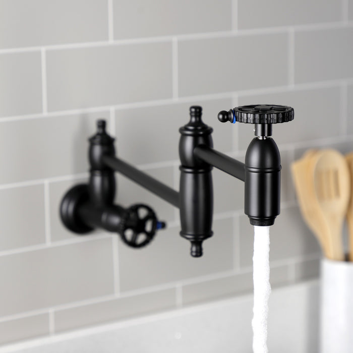 Kingston Tulare KS3100CG - Fuller Two-Handle 1-Hole Wall Mount Pot Filler Faucet, Matte Black