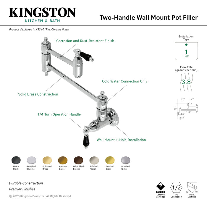 Kingston Heirloom KS3100PKL - Duchess Two-Handle 1-Hole Wall Mount Pot Filler Faucet, Matte Black