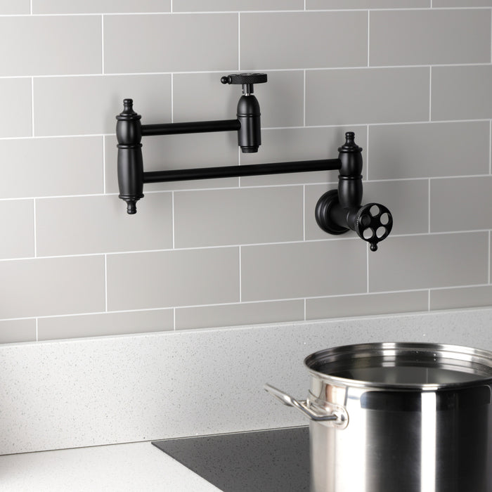 Kingston Tulare KS3100RKX - Webb Two-Handle 1-Hole Wall Mount Pot Filler Faucet with Knurled Handle, Matte Black