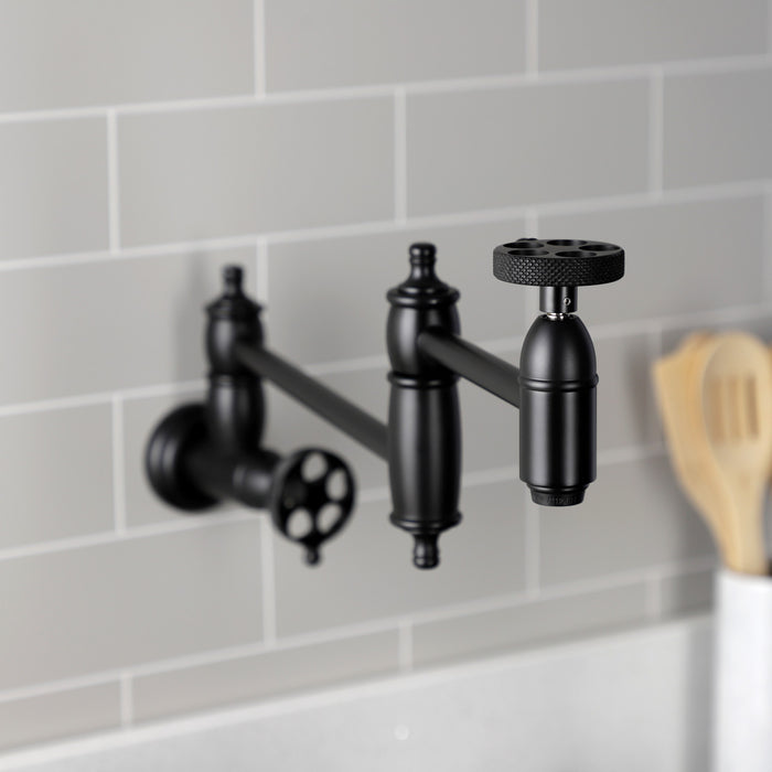 Kingston Tulare KS3100RKX - Webb Two-Handle 1-Hole Wall Mount Pot Filler Faucet with Knurled Handle, Matte Black