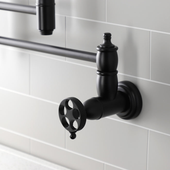 Kingston Tulare KS3100RKX - Webb Two-Handle 1-Hole Wall Mount Pot Filler Faucet with Knurled Handle, Matte Black