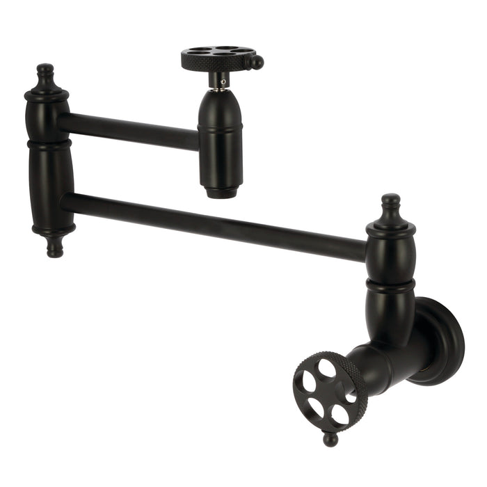 Kingston Tulare KS3100RKX - Webb Two-Handle 1-Hole Wall Mount Pot Filler Faucet with Knurled Handle, Matte Black