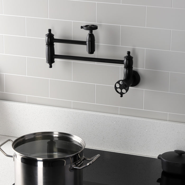Kingston Heirloom KS3100RKZ - Wendell Two-Handle 1-Hole Wall Mount Pot Filler Faucet with Knurled Handle, Matte Black