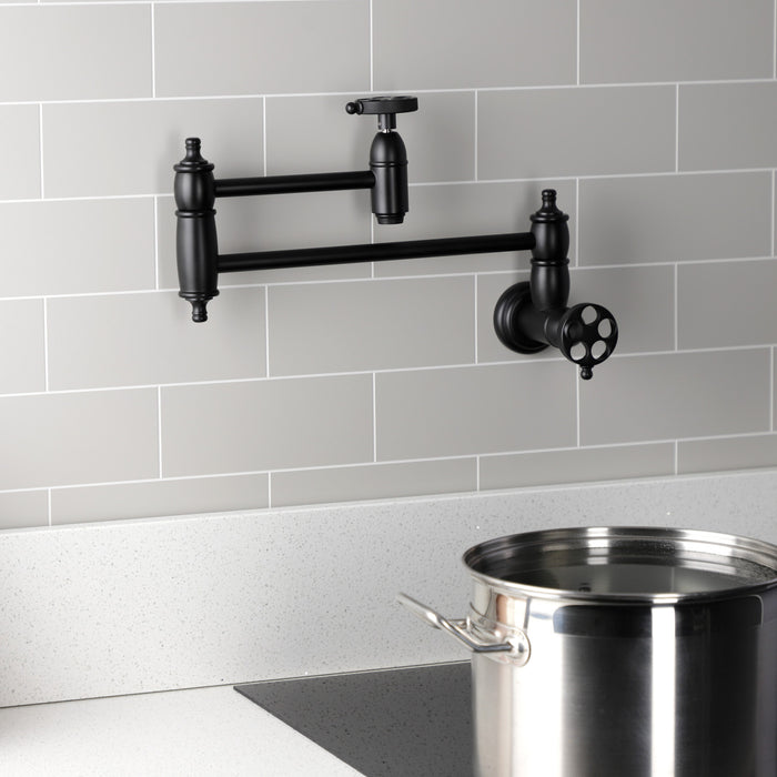 Kingston Heirloom KS3100RKZ - Wendell Two-Handle 1-Hole Wall Mount Pot Filler Faucet with Knurled Handle, Matte Black