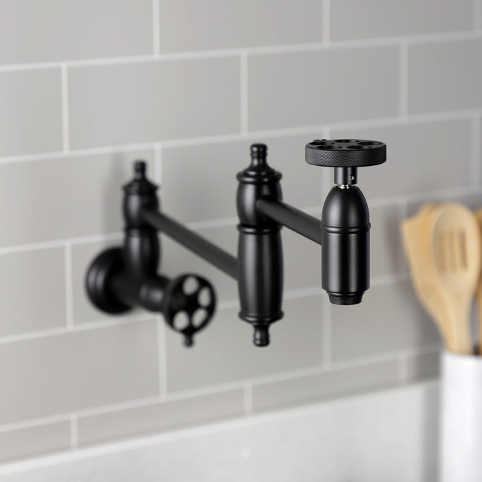 Kingston Heirloom KS3100RKZ - Wendell Two-Handle 1-Hole Wall Mount Pot Filler Faucet with Knurled Handle, Matte Black