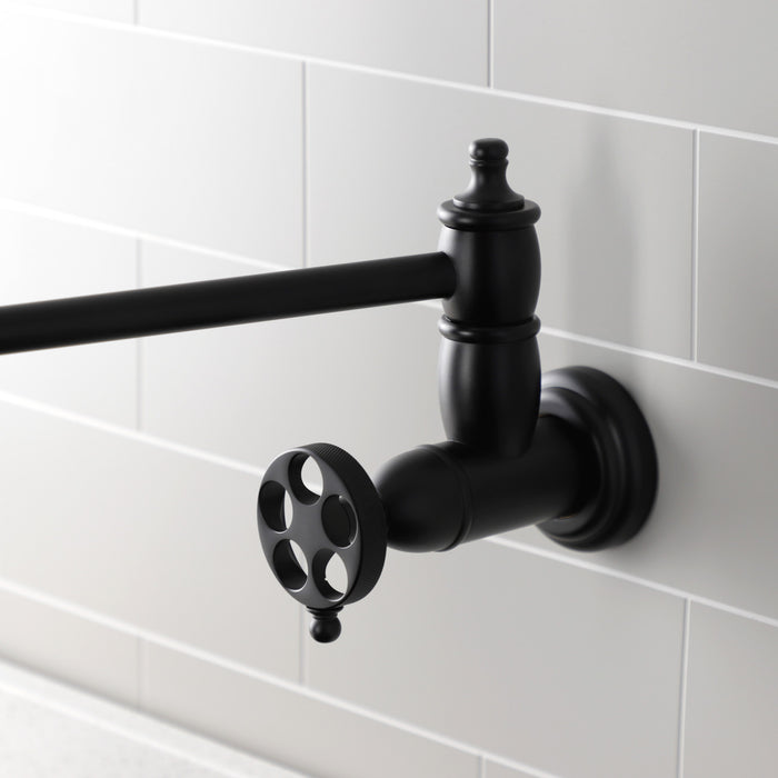 Kingston Heirloom KS3100RKZ - Wendell Two-Handle 1-Hole Wall Mount Pot Filler Faucet with Knurled Handle, Matte Black