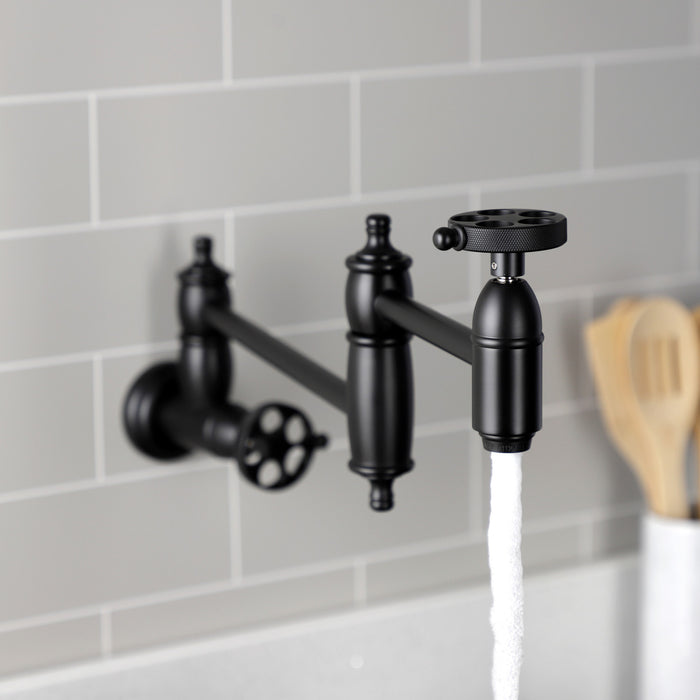 Kingston Heirloom KS3100RKZ - Wendell Two-Handle 1-Hole Wall Mount Pot Filler Faucet with Knurled Handle, Matte Black