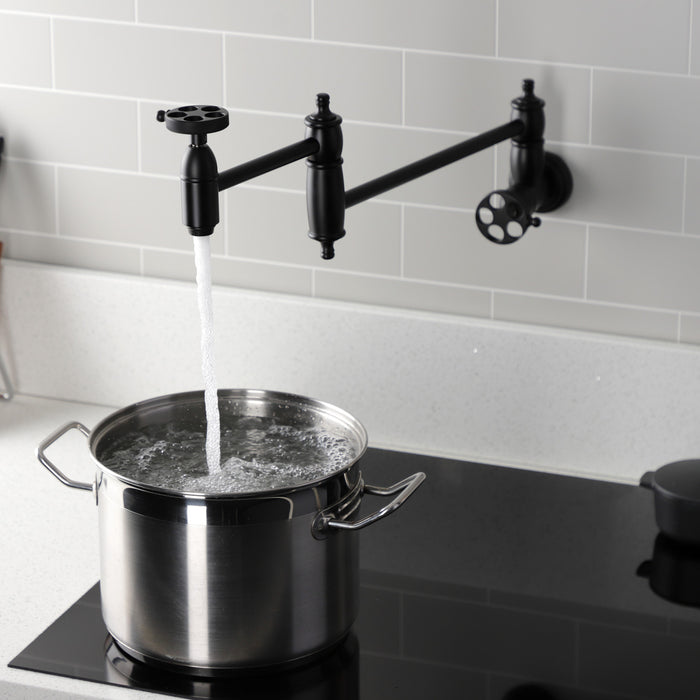 Kingston Heirloom KS3100RKZ - Wendell Two-Handle 1-Hole Wall Mount Pot Filler Faucet with Knurled Handle, Matte Black