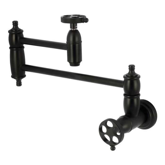 Kingston Heirloom KS3100RKZ - Wendell Two-Handle 1-Hole Wall Mount Pot Filler Faucet with Knurled Handle, Matte Black