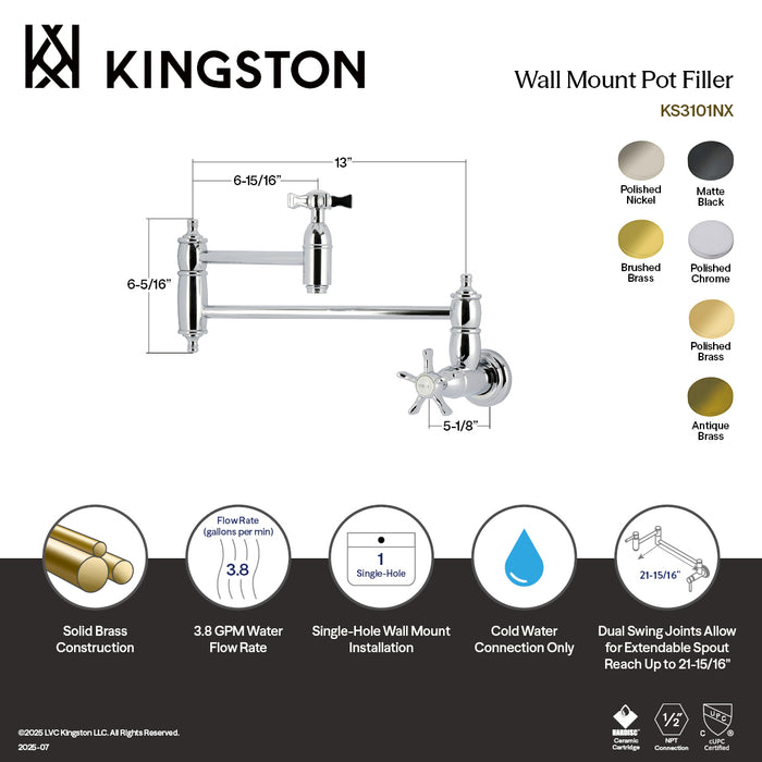 Kingston Heirloom KS3101NX - Hamilton Two-Handle 1-Hole Wall Mount Pot Filler Faucet, Polished Chrome