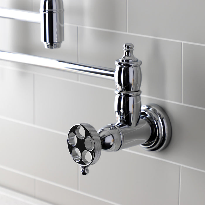 Kingston Heirloom KS3101RKZ - Wendell Two-Handle 1-Hole Wall Mount Pot Filler Faucet with Knurled Handle, Polished Chrome