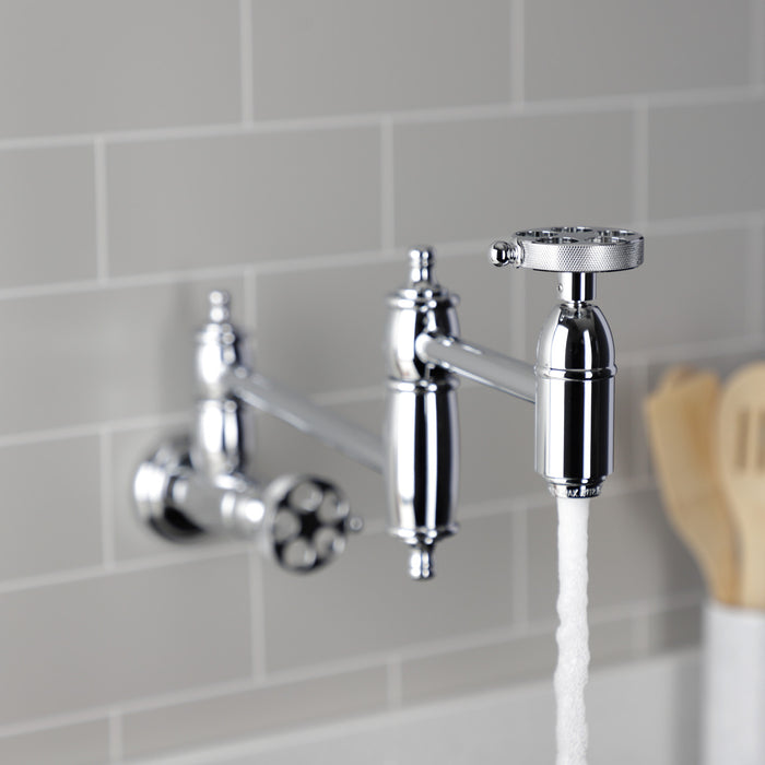 Kingston Heirloom KS3101RKZ - Wendell Two-Handle 1-Hole Wall Mount Pot Filler Faucet with Knurled Handle, Polished Chrome