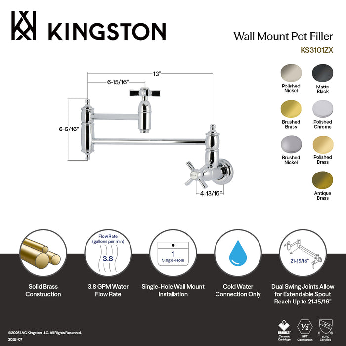 Kingston Tulare KS3101ZX - Millennium Two-Handle 1-Hole Wall Mount Pot Filler Faucet, Polished Chrome