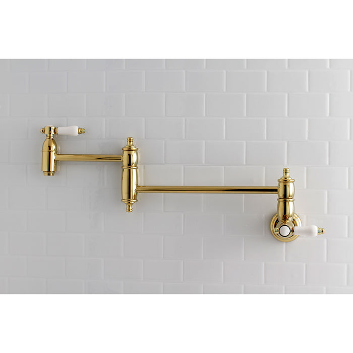 Kingston Heirloom KS3102BPL - Bel-Air Two-Handle 1-Hole Wall Mount Pot Filler Faucet, Polished Brass