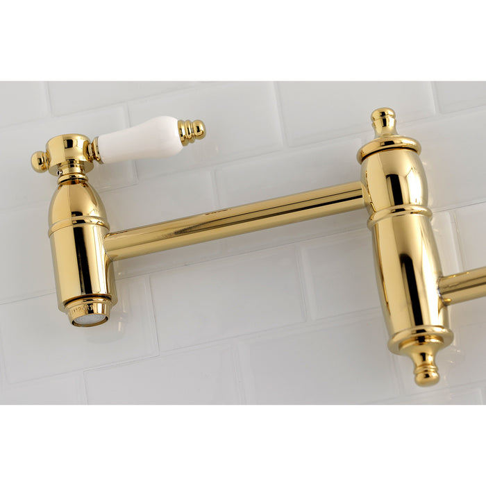 Kingston Heirloom KS3102BPL - Bel-Air Two-Handle 1-Hole Wall Mount Pot Filler Faucet, Polished Brass