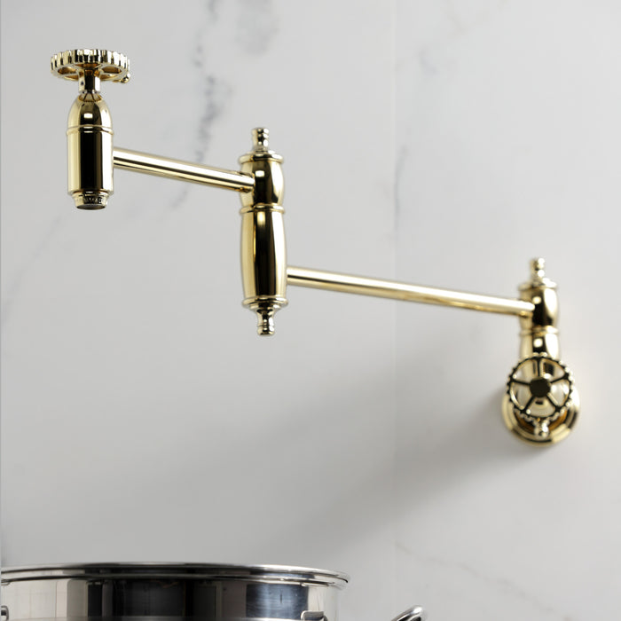 Kingston Tulare KS3102CG - Fuller Two-Handle 1-Hole Wall Mount Pot Filler Faucet, Polished Brass
