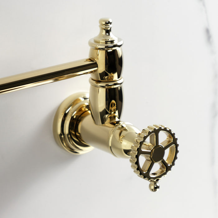 Kingston Tulare KS3102CG - Fuller Two-Handle 1-Hole Wall Mount Pot Filler Faucet, Polished Brass