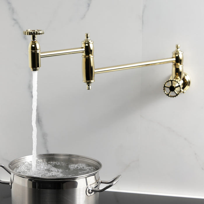 Kingston Tulare KS3102CG - Fuller Two-Handle 1-Hole Wall Mount Pot Filler Faucet, Polished Brass