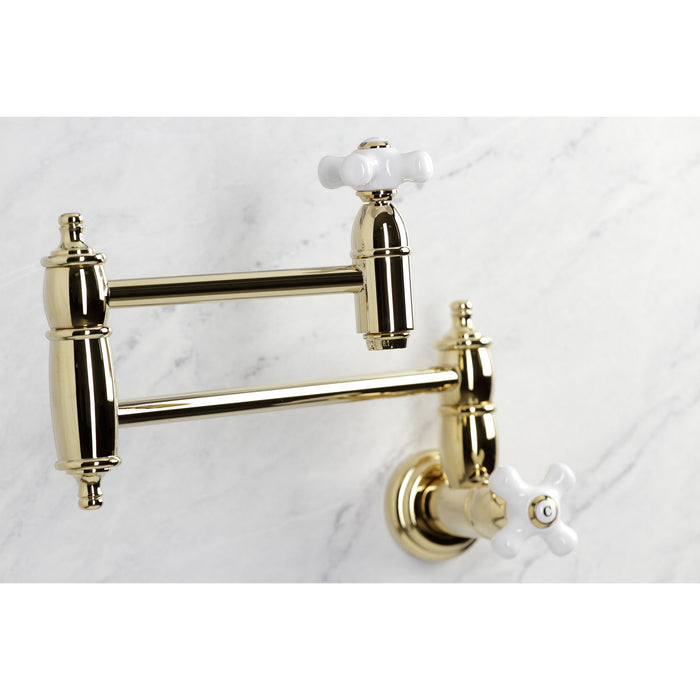 Kingston Heirloom KS3102PX - Restoration Two-Handle 1-Hole Wall Mount Pot Filler Faucet, Polished Brass