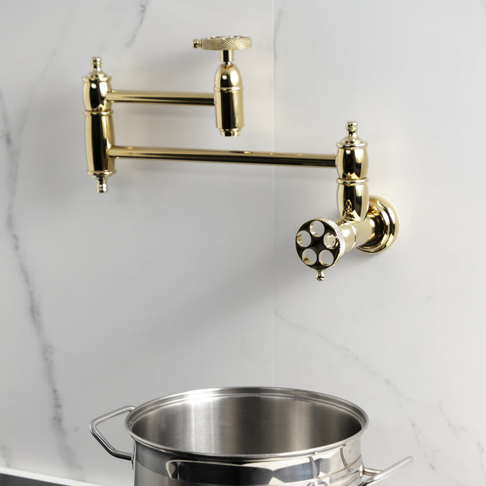 Kingston Tulare KS3102RKX - Webb Two-Handle 1-Hole Wall Mount Pot Filler Faucet with Knurled Handle, Polished Brass