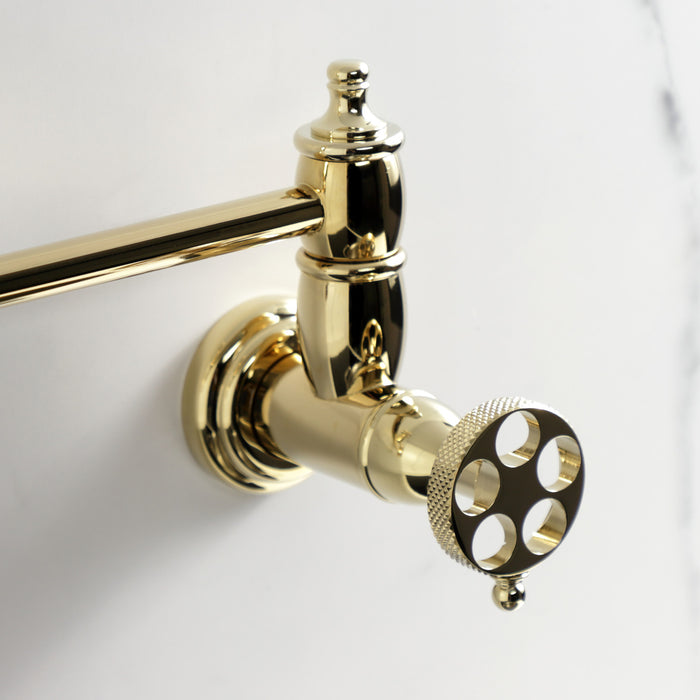 Kingston Tulare KS3102RKX - Webb Two-Handle 1-Hole Wall Mount Pot Filler Faucet with Knurled Handle, Polished Brass