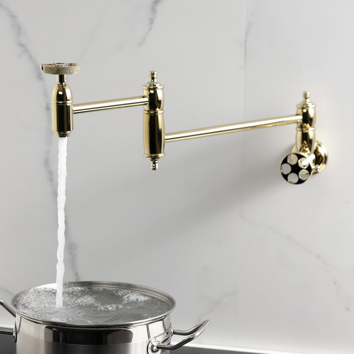 Kingston Tulare KS3102RKX - Webb Two-Handle 1-Hole Wall Mount Pot Filler Faucet with Knurled Handle, Polished Brass