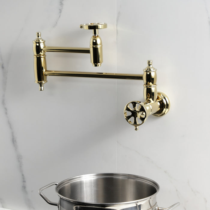 Kingston Tulare KS3102RX - Belknap Two-Handle 1-Hole Wall Mount Pot Filler Faucet, Polished Brass