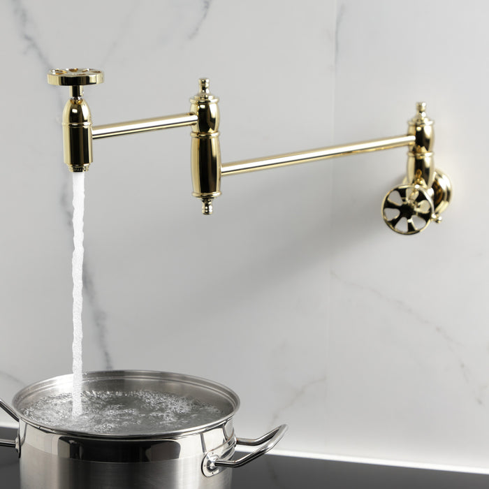 Kingston Tulare KS3102RX - Belknap Two-Handle 1-Hole Wall Mount Pot Filler Faucet, Polished Brass
