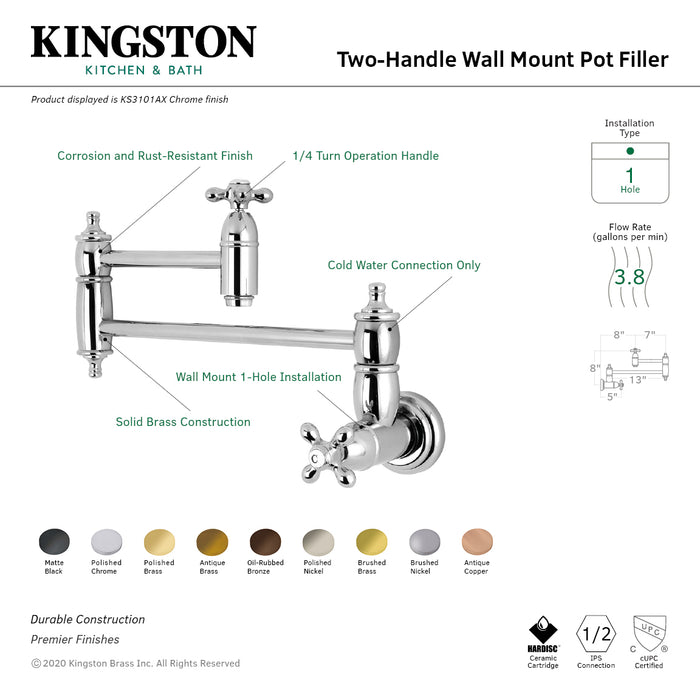Kingston Heirloom KS3103AX - Restoration Two-Handle 1-Hole Wall Mount Pot Filler Faucet, Antique Brass