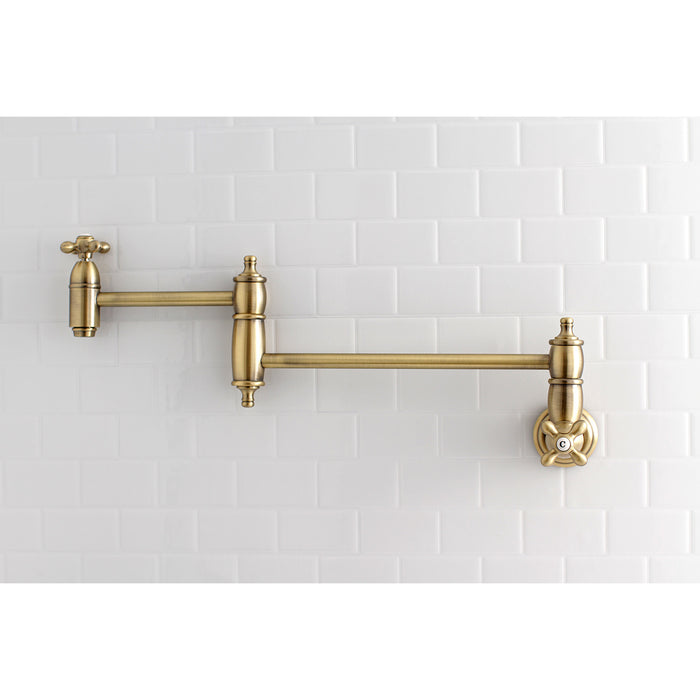 Kingston Heirloom KS3103AX - Restoration Two-Handle 1-Hole Wall Mount Pot Filler Faucet, Antique Brass