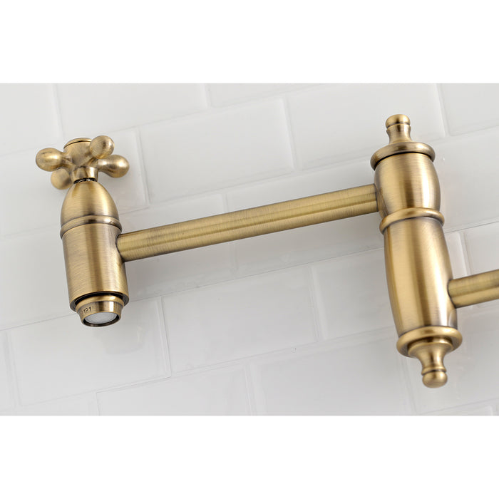 Kingston Heirloom KS3103AX - Restoration Two-Handle 1-Hole Wall Mount Pot Filler Faucet, Antique Brass