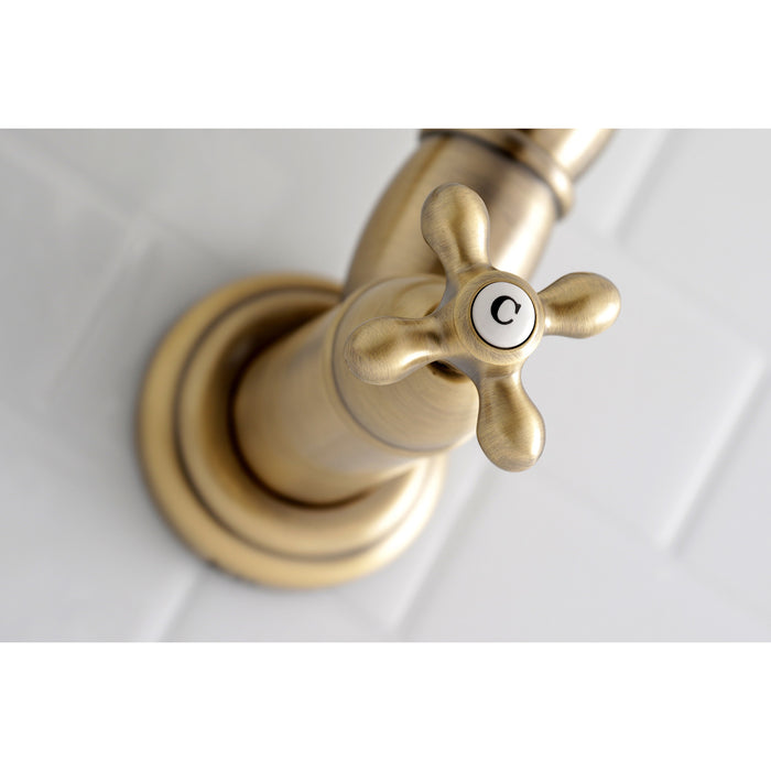 Kingston Heirloom KS3103AX - Restoration Two-Handle 1-Hole Wall Mount Pot Filler Faucet, Antique Brass