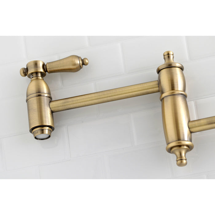 Kingston Heirloom KS3103BAL - Heirloom Two-Handle 1-Hole Wall Mount Pot Filler Faucet, Antique Brass