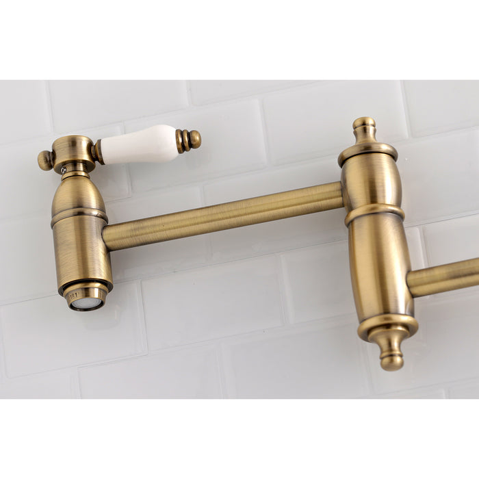 Kingston Heirloom KS3103BPL - Bel-Air Two-Handle 1-Hole Wall Mount Pot Filler Faucet, Antique Brass