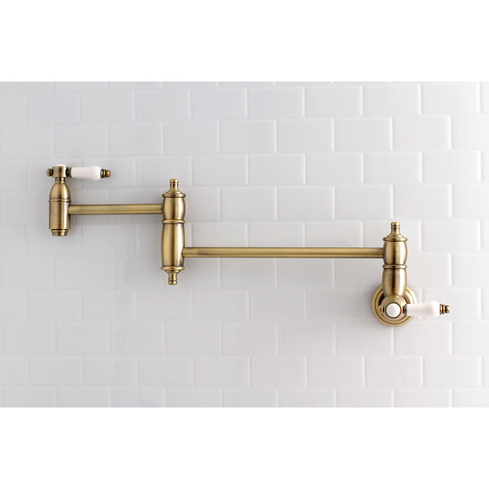 Kingston Heirloom KS3103BPL - Bel-Air Two-Handle 1-Hole Wall Mount Pot Filler Faucet, Antique Brass