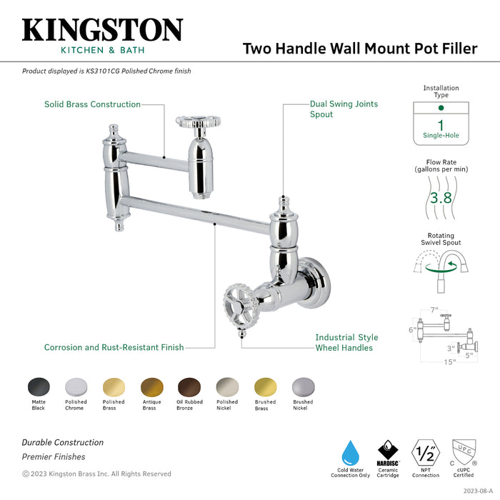 Kingston Tulare KS3103CG - Fuller Two-Handle 1-Hole Wall Mount Pot Filler Faucet, Antique Brass