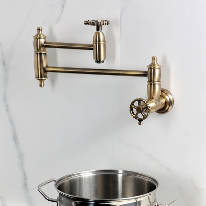 Kingston Tulare KS3103CG - Fuller Two-Handle 1-Hole Wall Mount Pot Filler Faucet, Antique Brass