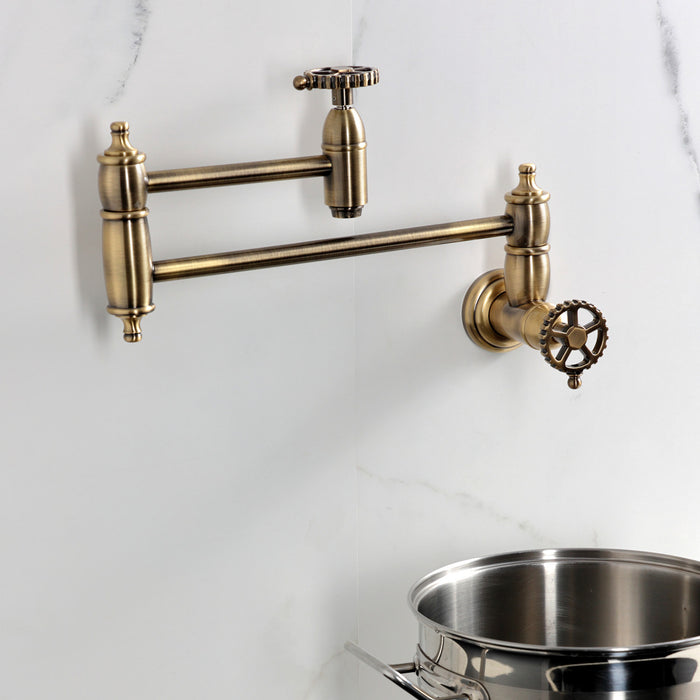 Kingston Tulare KS3103CG - Fuller Two-Handle 1-Hole Wall Mount Pot Filler Faucet, Antique Brass