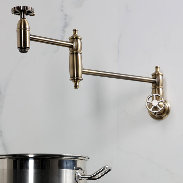 Kingston Tulare KS3103CG - Fuller Two-Handle 1-Hole Wall Mount Pot Filler Faucet, Antique Brass